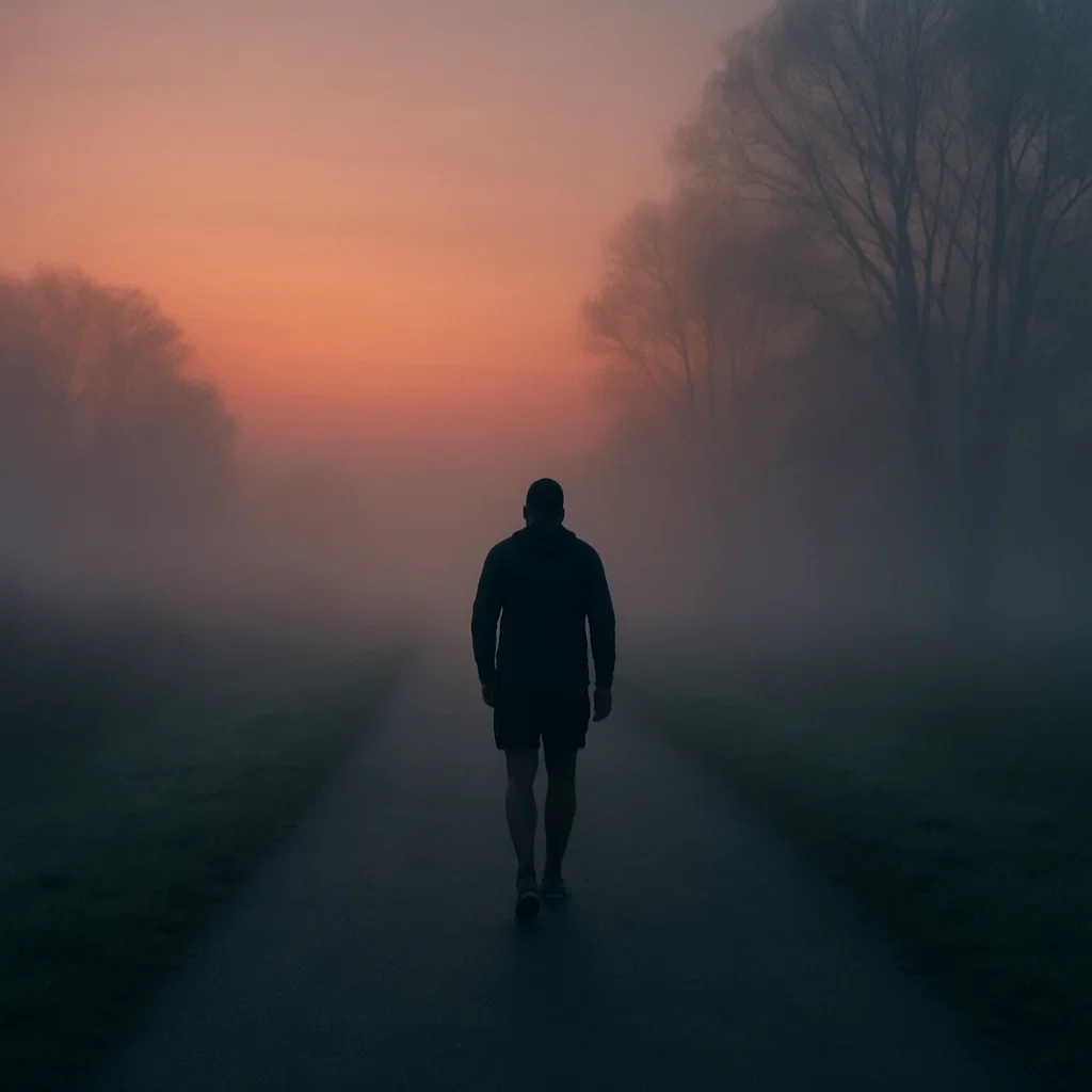 Ultrarunner Recovery Journal – May 5: Lost, Tired, Still Moving 4 A lone runner walking slowly on an empty path at dawn foggy mood lost pace ultrarunner recovery journal,low energy running day,running fatigue diary,mental low training day,insomnia and running
