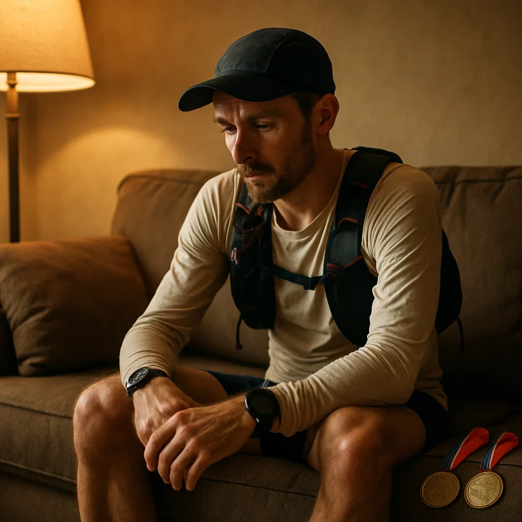 🎖️ Post-Ultra Blues: Why You Feel Down After a Big Race and How to Bounce Back 4 A lone ultrarunner sitting on a couch post-race, reflective mood, medals nearby, cozy indoor lighting.