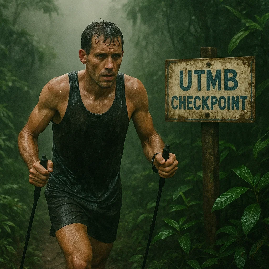New Ultramarathon Races in 2025 š ā 5 Debuts Youāll Want on Your Calendar 4 A runner in a soaked singlet trekking poles in hand emerging from dense green jungle mist with a weathered UTMB checkpoint sign in the background new ultramarathon races 2025,inaugural ultramarathon events 2025,2025 ultra running debut races,upcoming ultramarathon races 2025,new 100 mile races 2025