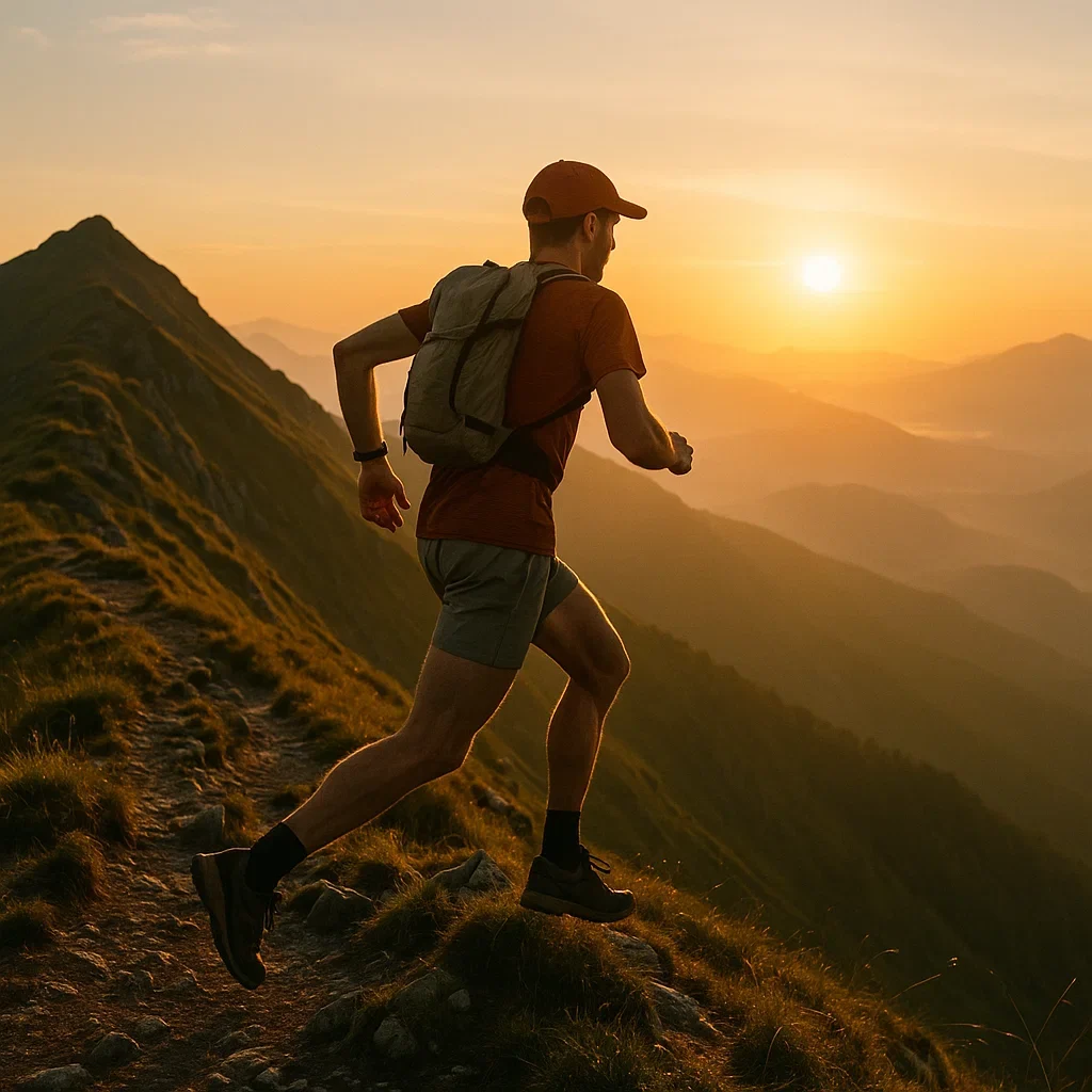 🥾 Fastpacking 101 – A Beginner’s Guide to Multi-Day Trail Running Adventures 5 A fastpacker crossing an alpine trail at sunrise with a small running pack and trekking poles, moving swiftly through misty peaks.