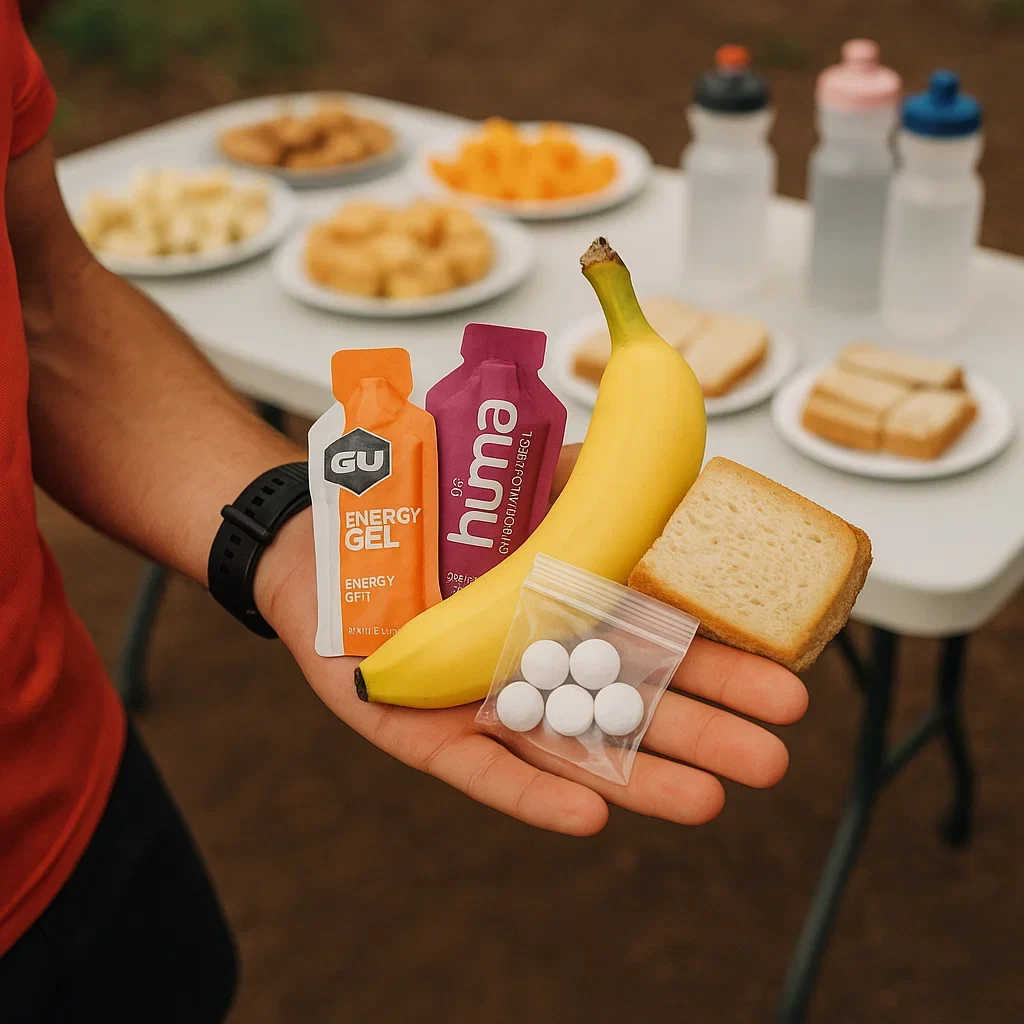 🥪 Ultramarathon Nutrition Guide – Fueling Strategies for 50K, 50M & 100M Races 3 A runners hand holding a variety of fuels energy gels a banana salt tablets and a small sandwich ultramarathon nutrition plan 100 mile,what to eat during an ultramarathon,50 mile race nutrition guide,ultra running fueling strategy,ultramarathon hydration and nutrition