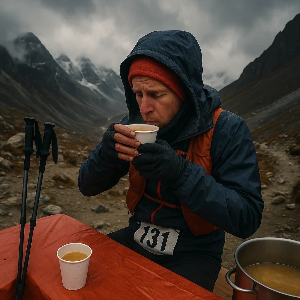 Flatlander’s Guide to Your First Mountain 100-Miler 4 A scene of a flatlander runner struggling in a high altitude mountain ultra aid station surrounded by dramatic terrain bundled in layers sipping broth with trekking poles nearby training for mountain ultra at sea level,high altitude ultramarathon training,mountain 100 mile race tips,technical trail ultra advice,how to run in thin air ultra