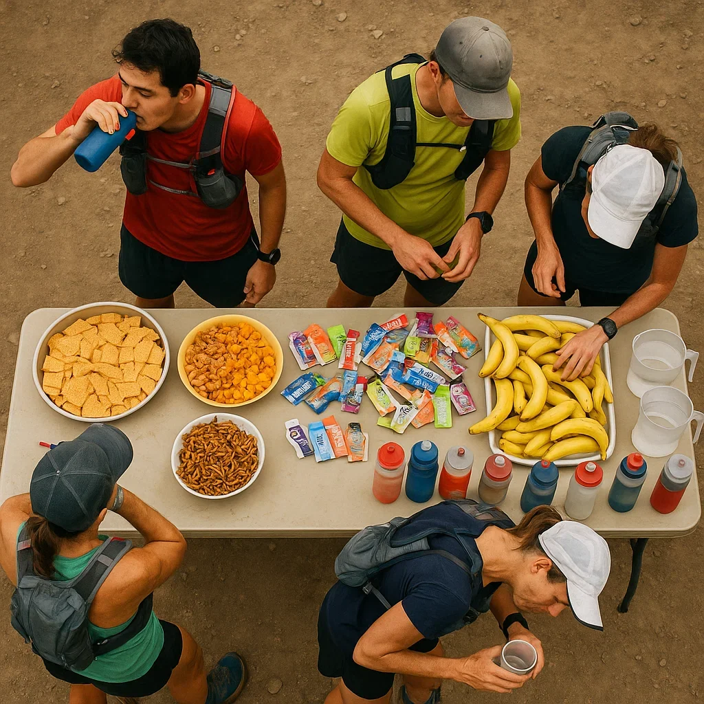 🥪 Ultramarathon Nutrition Guide – Fueling Strategies for 50K, 50M & 100M Races 4 A top down view of a 100 mile race aid station filled with snacks gels bananas and hydration bottles ultramarathon nutrition plan 100 mile,what to eat during an ultramarathon,50 mile race nutrition guide,ultra running fueling strategy,ultramarathon hydration and nutrition