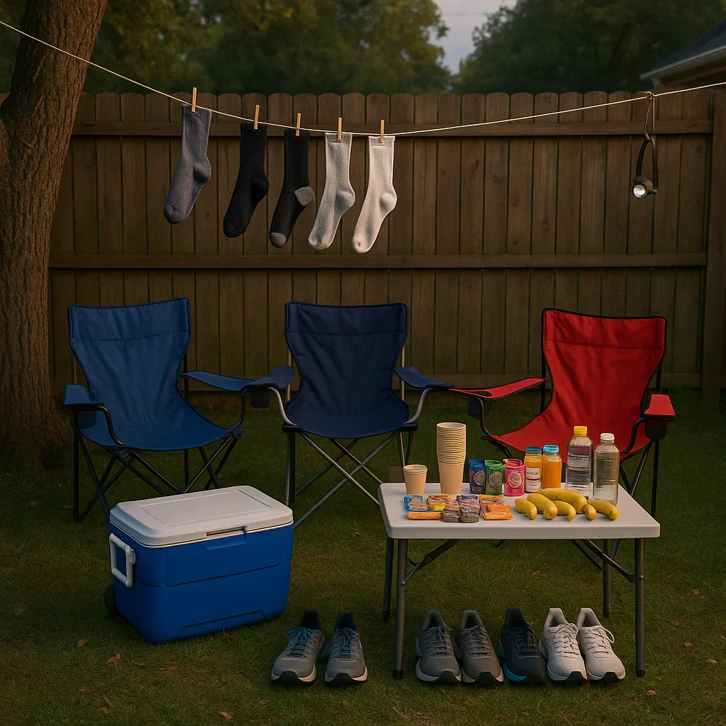 A well organized backyard ultra basecamp with folding chairs cooler nutrition table spare shoes backyard ultra strategy tips,how to train for a backyard ultra,backyard ultra pacing strategy,last man standing race tips,backyard ultra world championship training