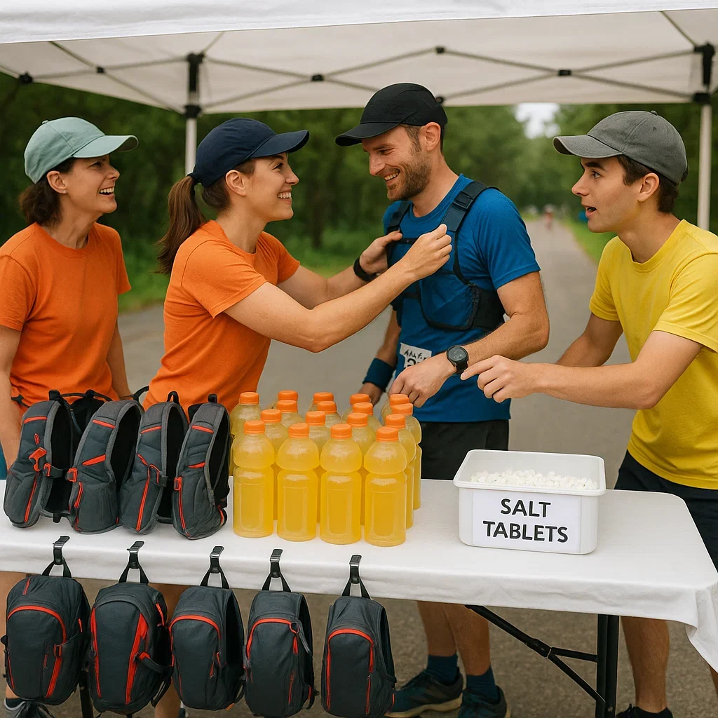 💧 Hydration & Electrolytes in Ultramarathons – The Ultimate Guide 4 Aid station setup with hydration packs electrolyte drink bottles salt tablets and volunteers helping runners ultramarathon hydration electrolytes,how to stay hydrated in an ultramarathon,electrolyte intake ultra marathon,salt pills 100 miler,ultra running hydration pack vs handhelds