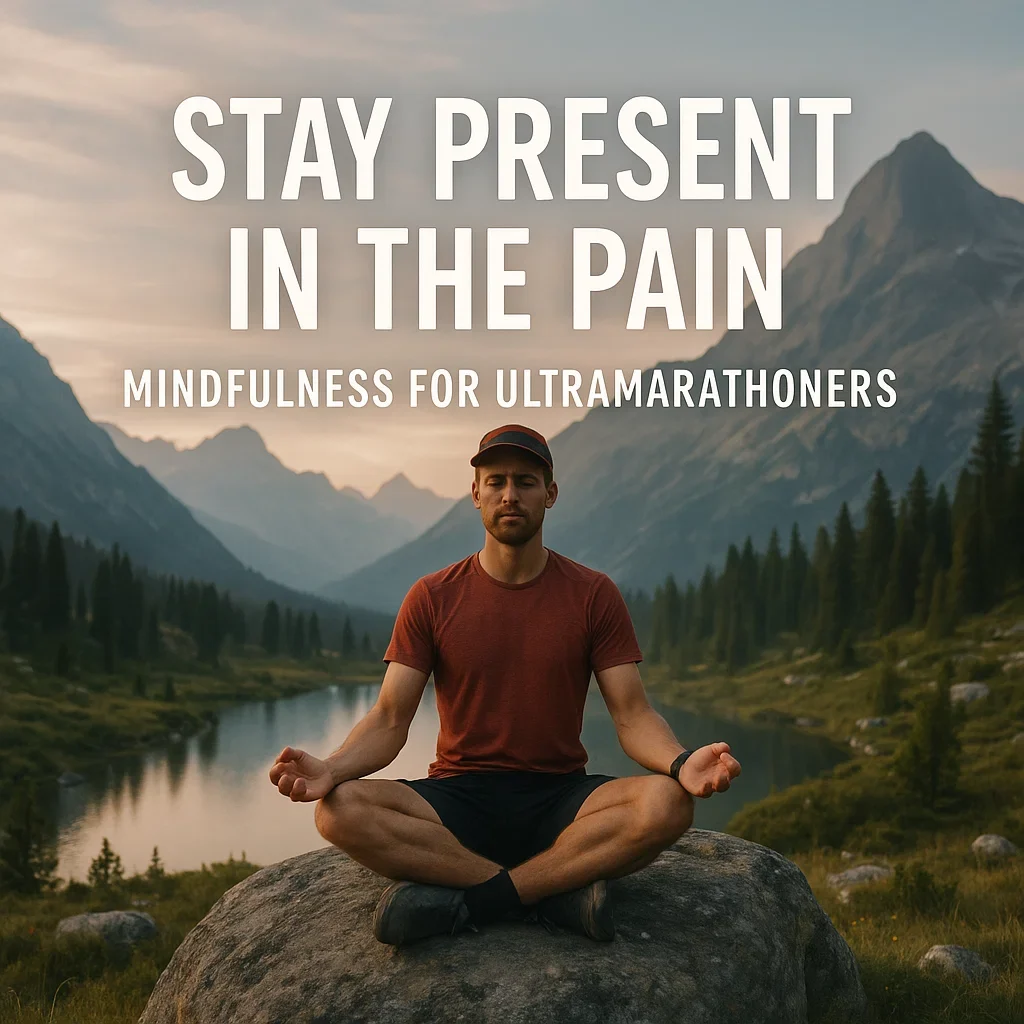 Trail runner meditating by a stream in nature during an ultramarathon break