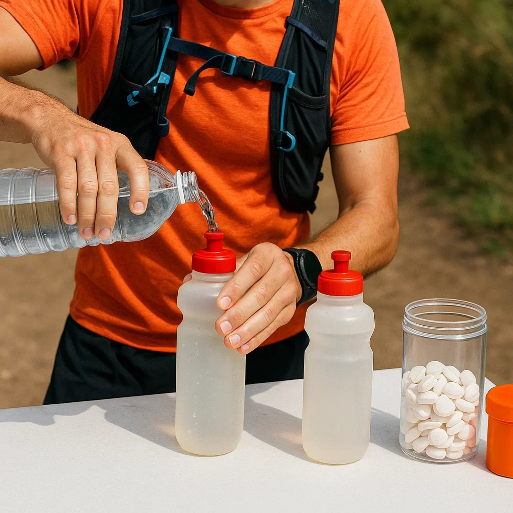 💧 Hydration & Electrolytes in Ultramarathons – The Ultimate Guide 3 Close up of a runner refilling water bottles at an aid station with salt tablets or electrolyte drink mix visible next to the bottles0A ultramarathon hydration electrolytes,how to stay hydrated in an ultramarathon,electrolyte intake ultra marathon,salt pills 100 miler,ultra running hydration pack vs handhelds