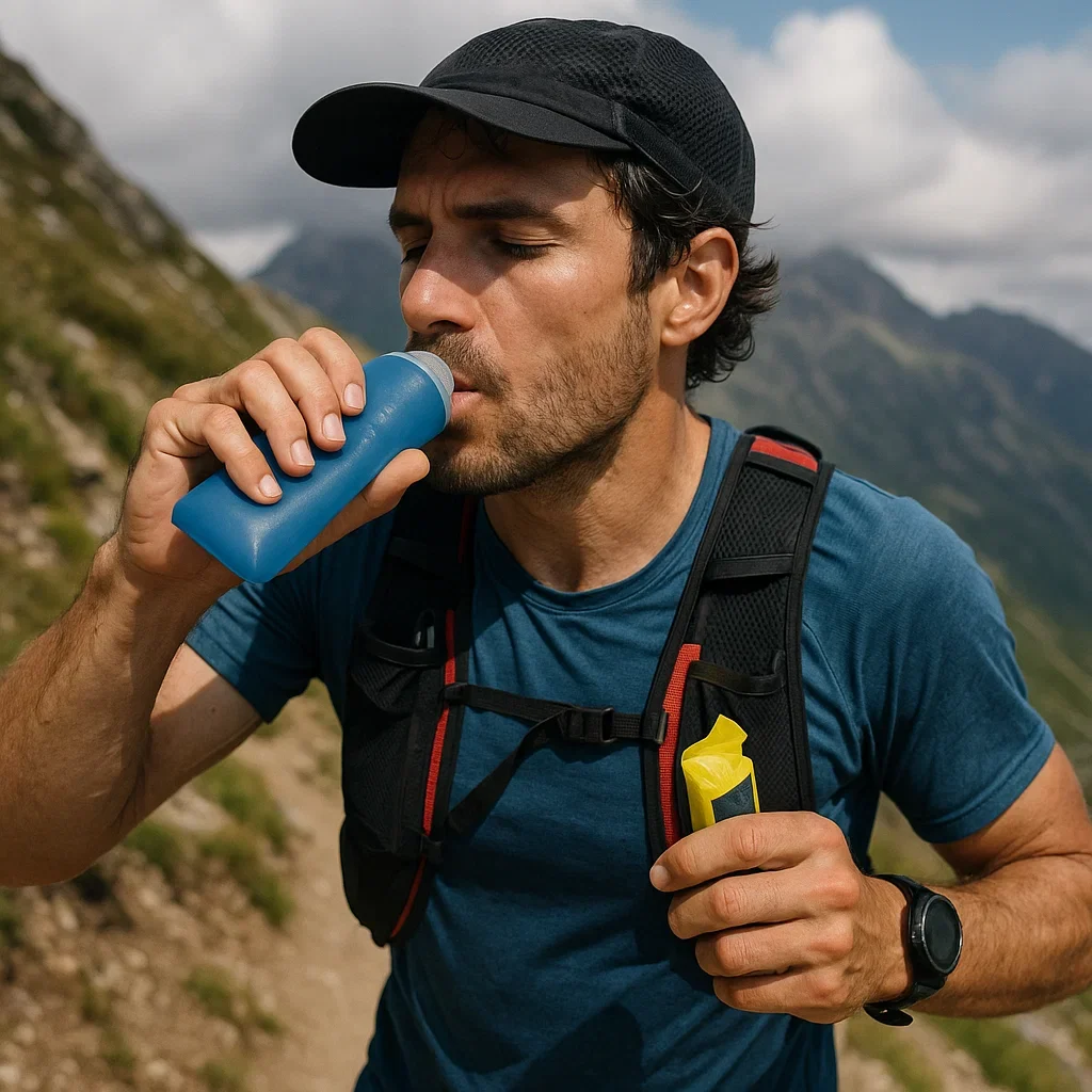 🥪 Ultramarathon Nutrition Guide – Fueling Strategies for 50K, 50M & 100M Races 5 Close up of an ultrarunner mid race sipping from a soft flask and holding a gel packet on a mountain trail ultramarathon nutrition plan 100 mile,what to eat during an ultramarathon,50 mile race nutrition guide,ultra running fueling strategy,ultramarathon hydration and nutrition