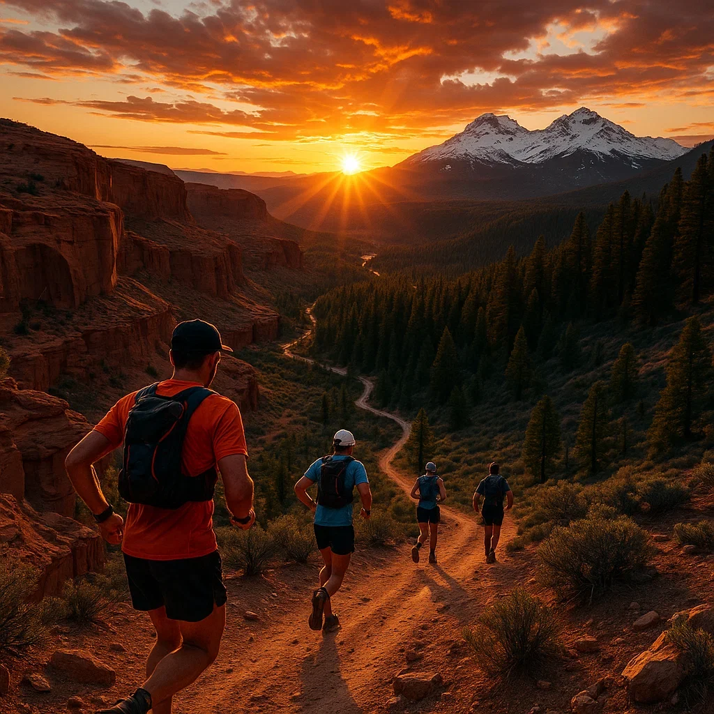 Ultra-endurance runners on a dramatic 200-mile ultramarathon trail through mountains and deserts.