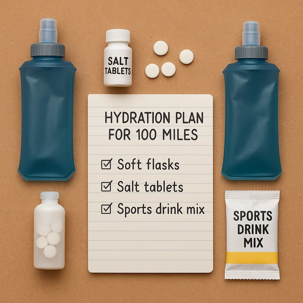 ultramarathon hydration electrolytes, how to stay hydrated in an ultramarathon, electrolyte intake ultra marathon, salt pills 100 miler, ultra running hydration pack vs handhelds