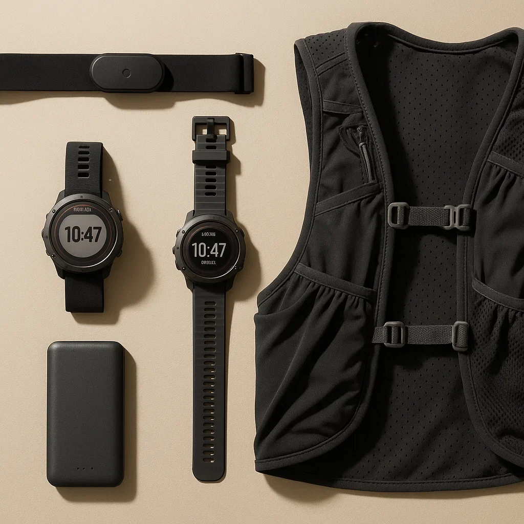 Tech-Enabled Ultra Running: Navigation & Safety Trends for 2025 5 Flat lay of ultrarunning gear including solar-powered GPS watch, heart rate chest strap, lightweight power bank, hydration vest with tech compartments, shot with soft shadows