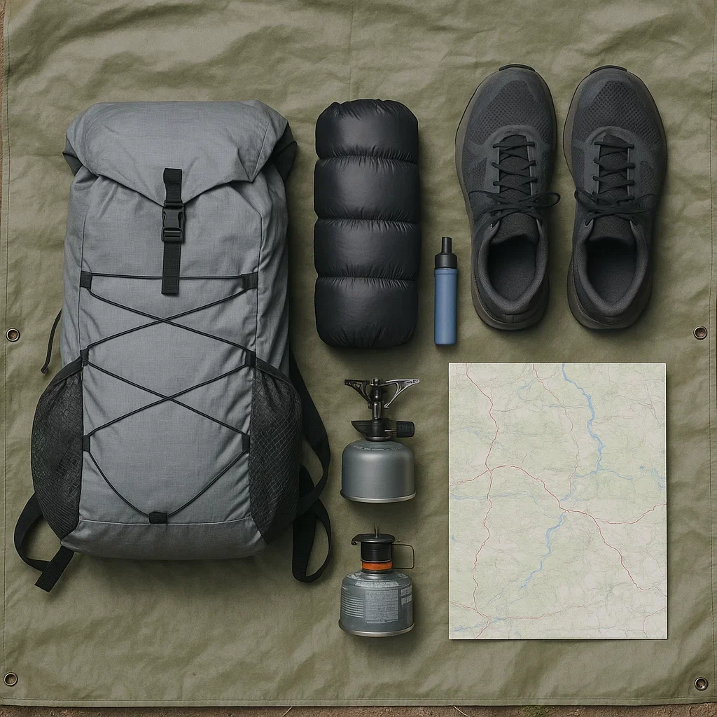 🥾 Fastpacking 101 – A Beginner’s Guide to Multi-Day Trail Running Adventures 3 Gear layout of ultralight fastpacking essentials on a tarp: backpack, quilt, water filter, shoes, stove, and map.