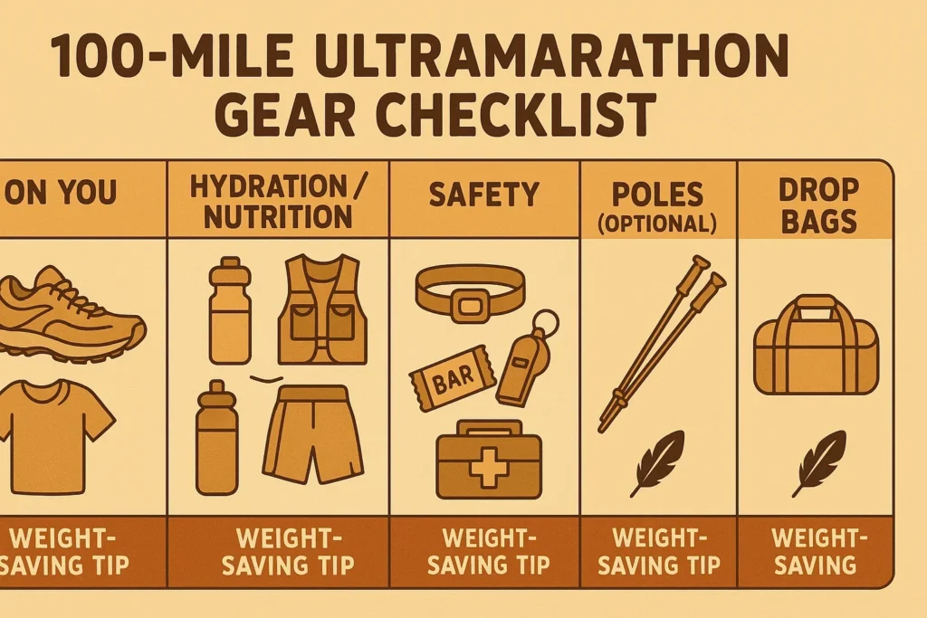 100-Mile Ultramarathon Gear Checklist 🏕️ (Ultralight Edition) 3 100 mile race gear list, what to pack for 100-mile ultramarathon, ultralight gear for trail ultra, mandatory gear 100mi race
SEO URL: 100-mile-ultralight-gear-checklist