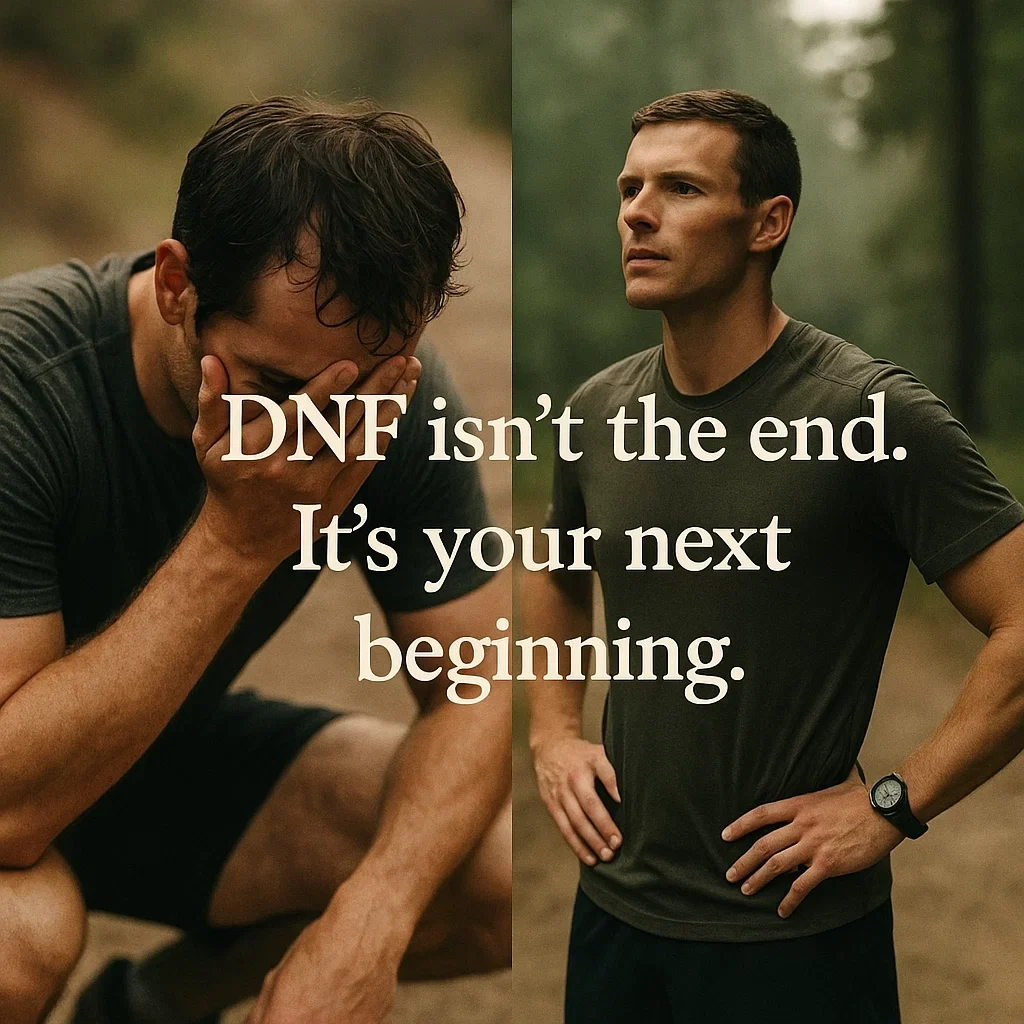 Inspirational quote overlay – “DNF isn’t the end. It’s your next beginning.” – over a split image of failure and resolve, muted natural tones, cinematic style