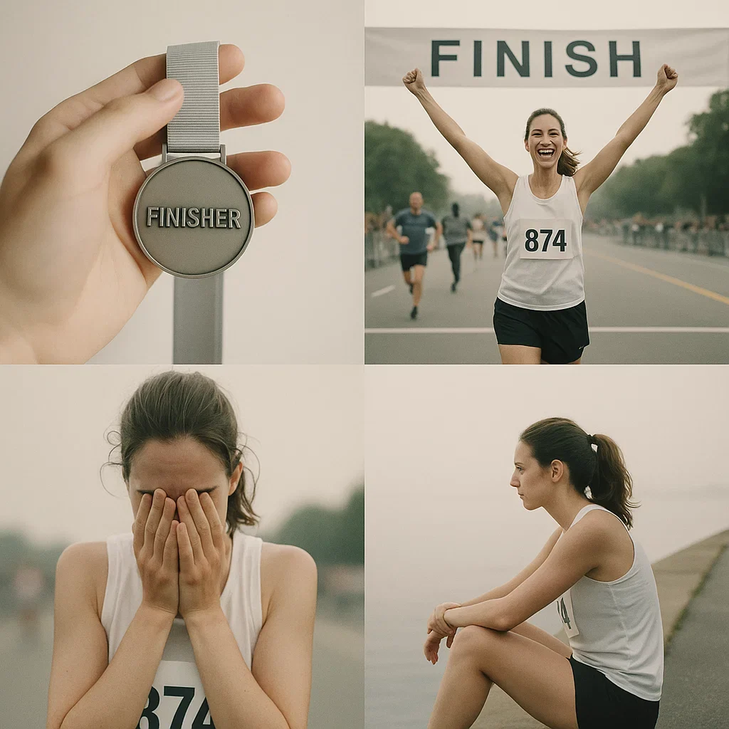 🎖️ Post-Ultra Blues: Why You Feel Down After a Big Race and How to Bounce Back 3 Minimalist photo collage of race day and post-race emotional snapshots – medal, finish line, then solitude.