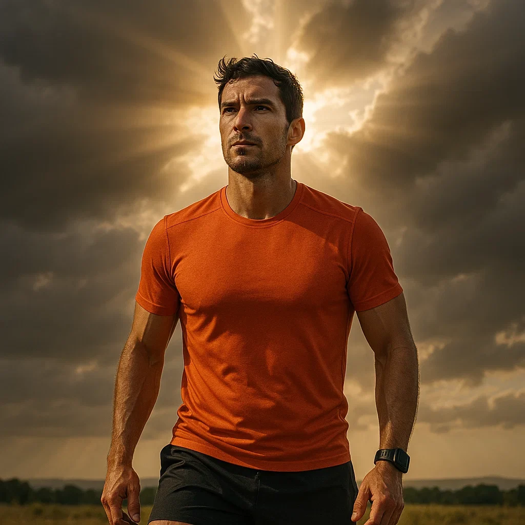 Did Not Finish (DNF) – How to Come Back Stronger from an Ultramarathon Setback 5 Same runner standing up with a determined face, sunlight breaking through clouds – symbolizing comeback