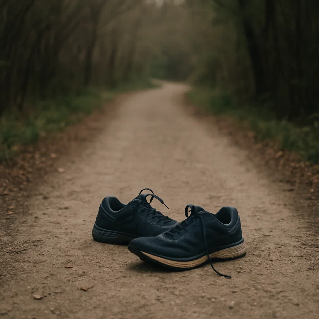 Ultrarunner Recovery Journal – May 5: Lost, Tired, Still Moving 6 Shoes abandoned on a quiet trail symbol of a skipped run ultrarunner recovery journal,low energy running day,running fatigue diary,mental low training day,insomnia and running