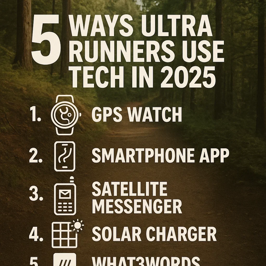 Tech-Enabled Ultra Running: Navigation & Safety Trends for 2025 4 Tall vertical infographic-style image showing "5 Ways Ultra Runners Use Tech in 2025" — include icons for GPS watch, smartphone app, satellite messenger, solar charger, and What3Words, designed for Pinterest with bold fonts and trail background
