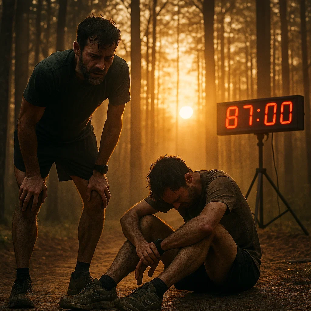 Two exhausted runners in a forest loop at sunrise one barely standing the other collapsed backyard ultra strategy tips,how to train for a backyard ultra,backyard ultra pacing strategy,last man standing race tips,backyard ultra world championship training