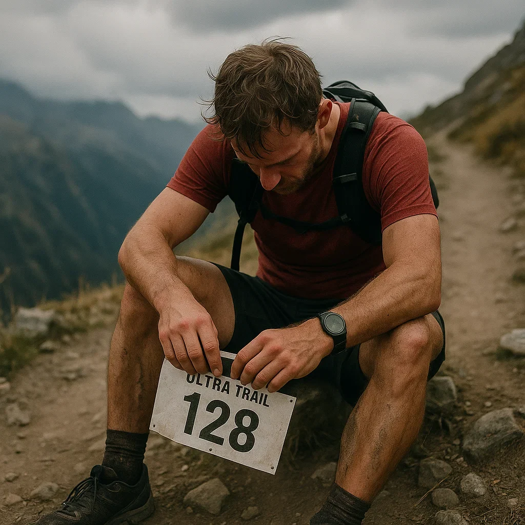 Did Not Finish (DNF) – How to Come Back Stronger from an Ultramarathon Setback 4 Ultra runner sitting alone on a mountain trail, head down, bib in hand, symbolizing emotional DNF moment – realistic style