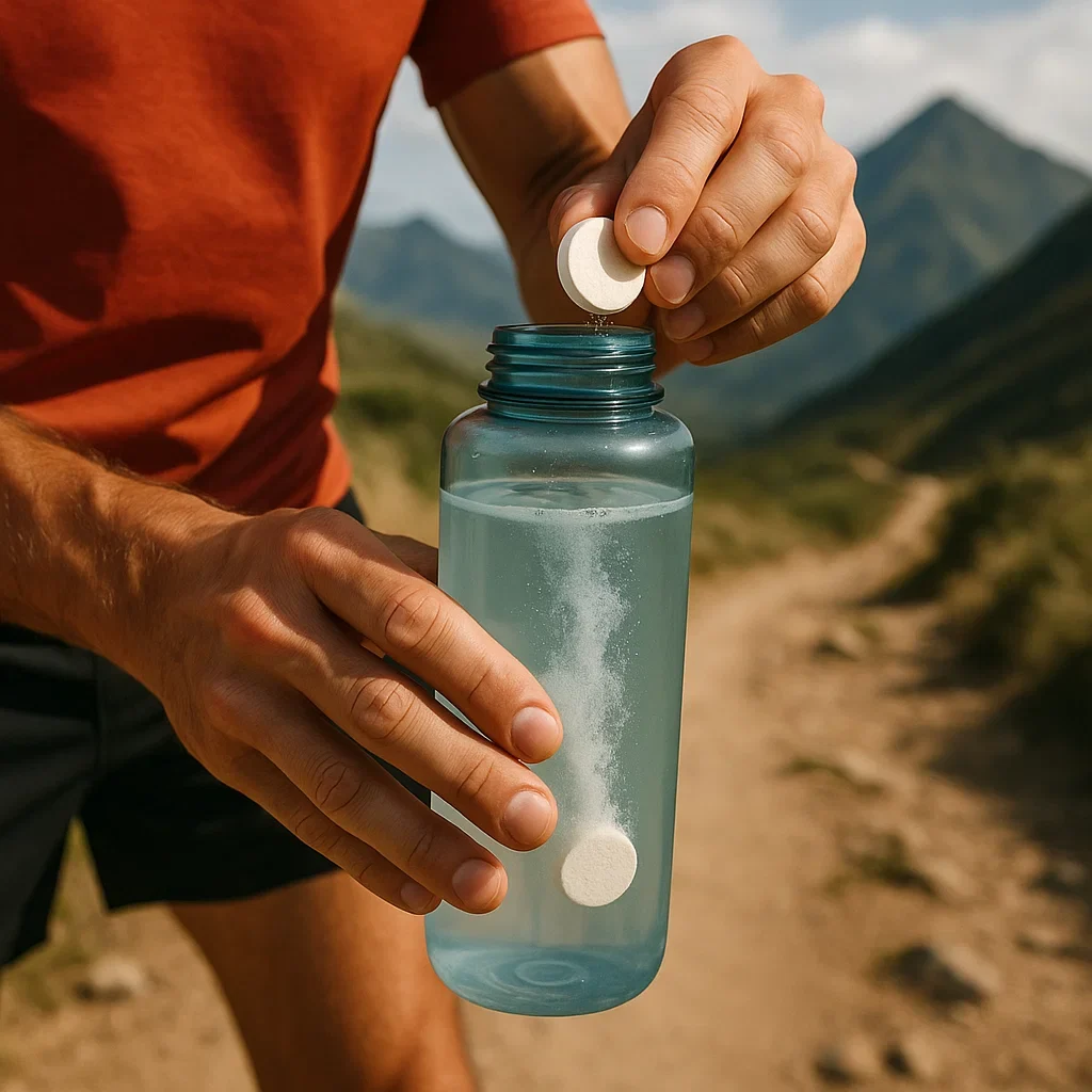 🚀 Next-Generation Nutrition Products: How to Use Them Effectively 4 A runner holding an advanced hydration tablet dissolving in a water bottle, with a mountain trail in the background.