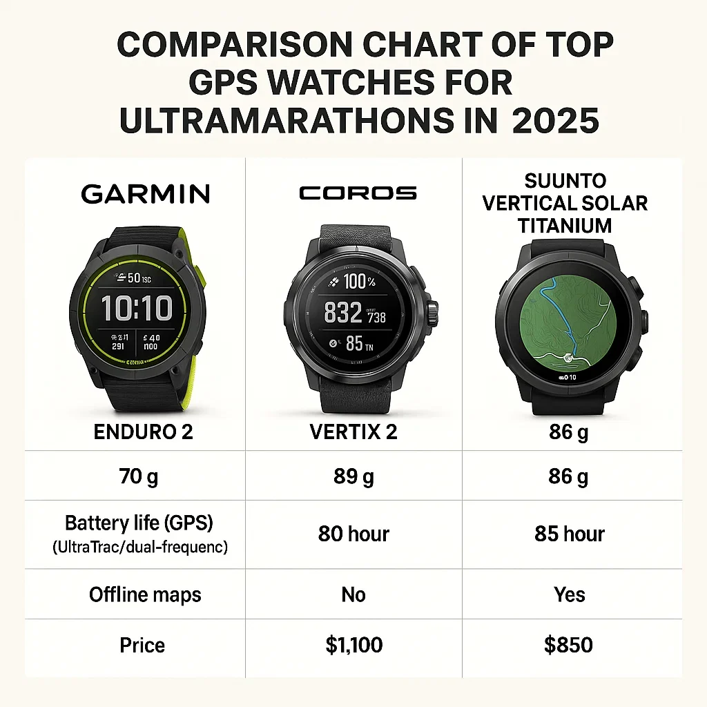 Best GPS watches for ultramarathon runners, including Garmin Enduro 2, Coros Vertix 2, and Suunto Vertical Solar Titanium.