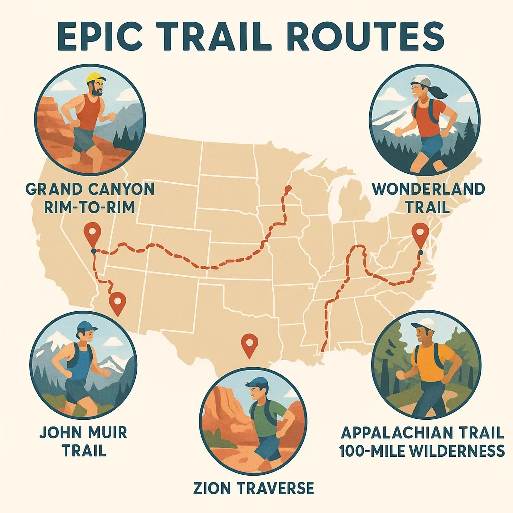 d map of the USA showing 5 epic trail routes marked with pins best ultra trail routes multi-day USA,best fastpacking routes US,epic trail runs America multi-day,ultramarathon routes not races,bucket list trail runs US