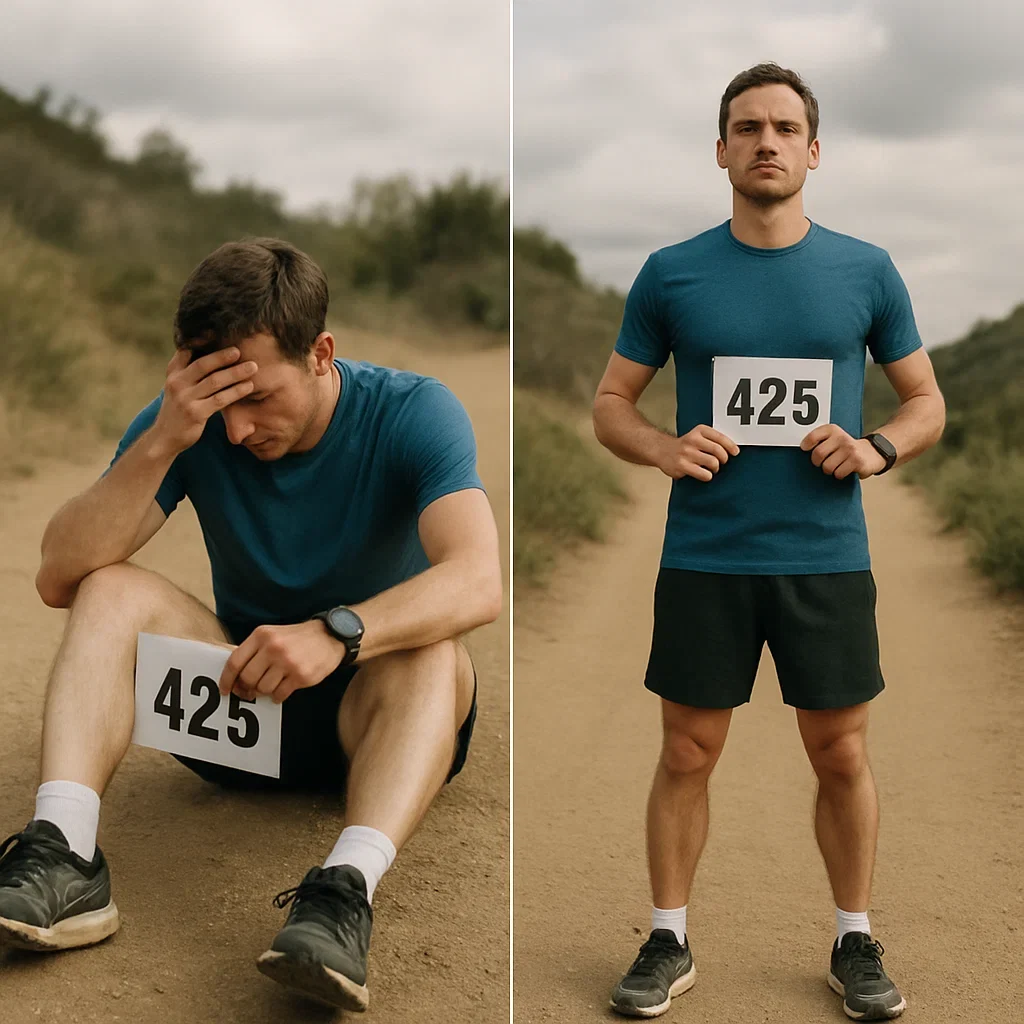 Did Not Finish (DNF) – How to Come Back Stronger from an Ultramarathon Setback 3 Ultrarunner sitting on a trail after DNF, then rising again with renewed determination