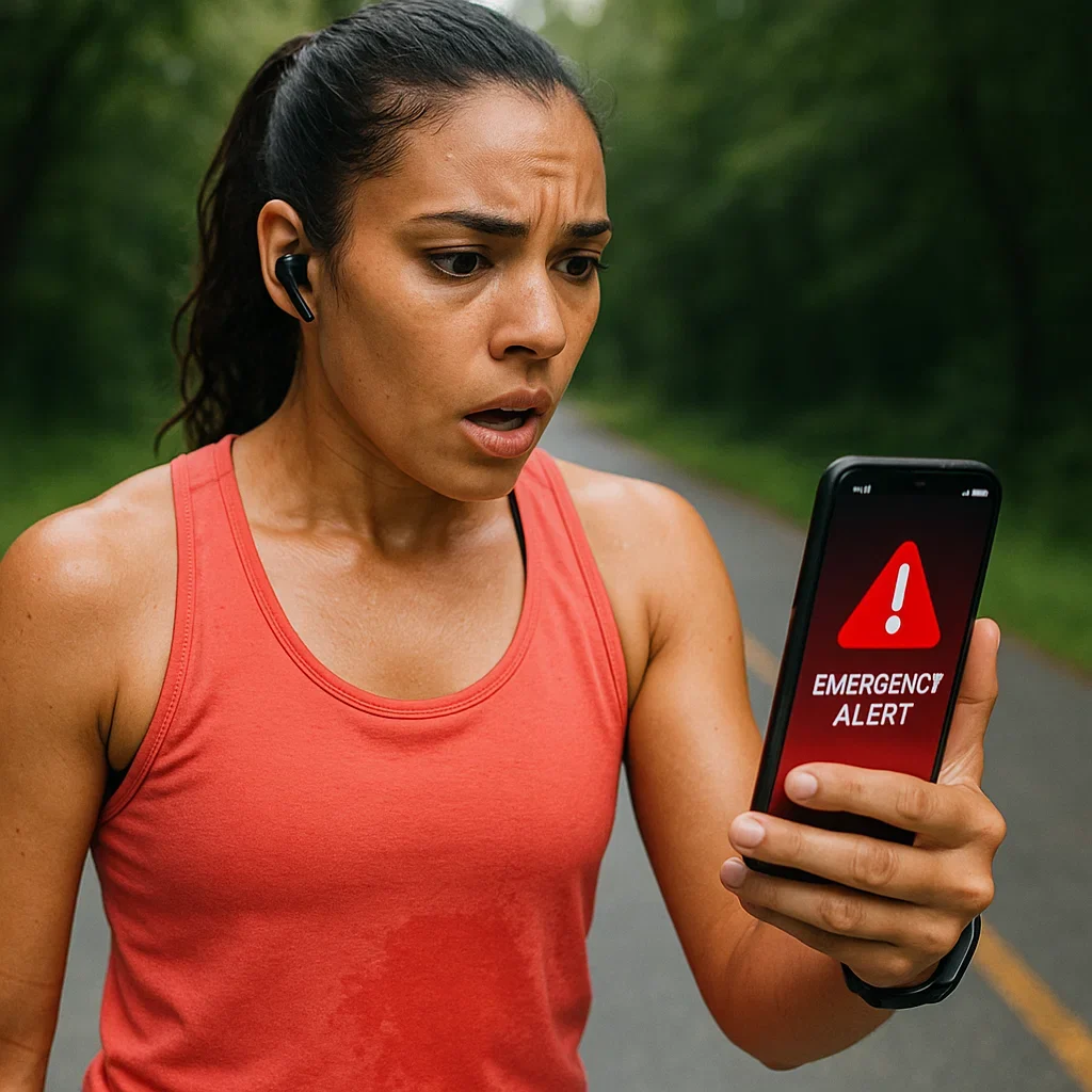 A runner receiving an emergency alert on their safety app