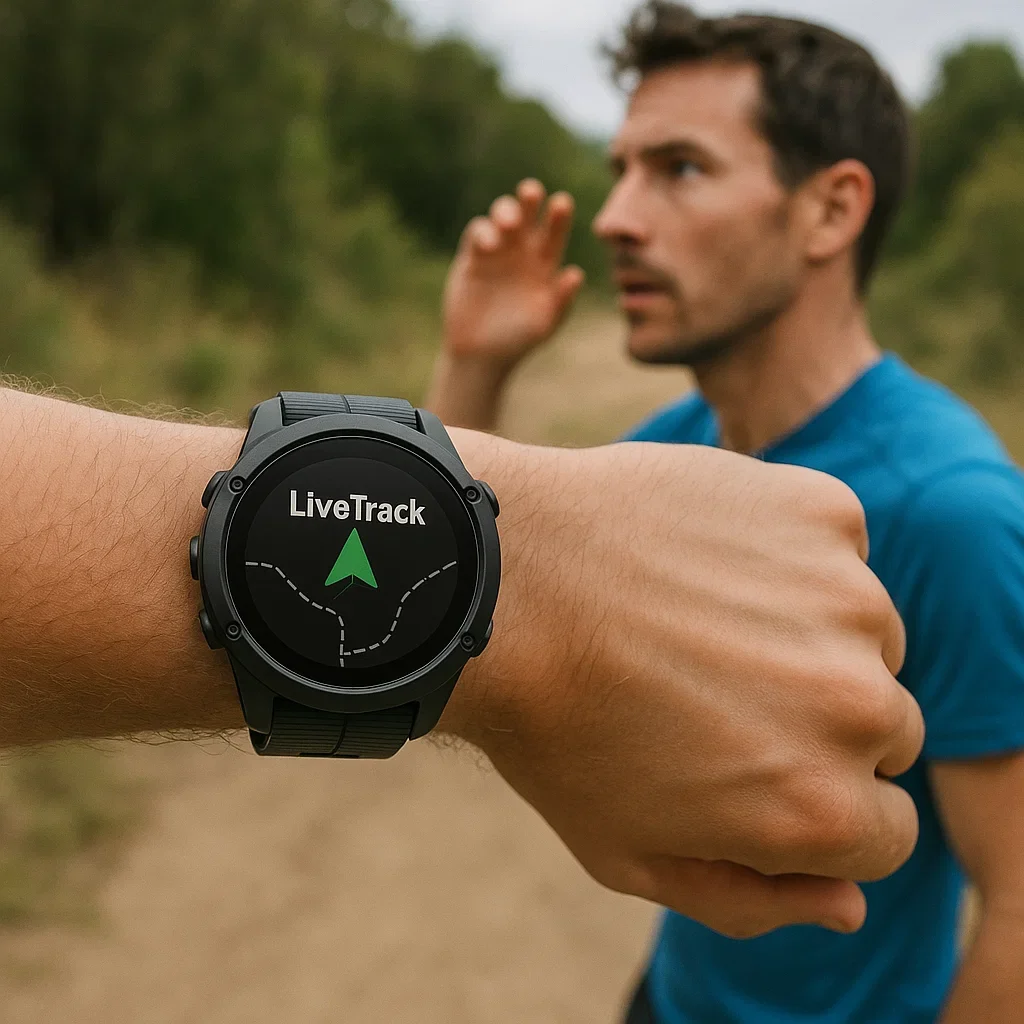 How to Stay Safe on the Trails: Best Running Safety Tools & Trackers 5 Garmin watch showing active LiveTrack while trail running