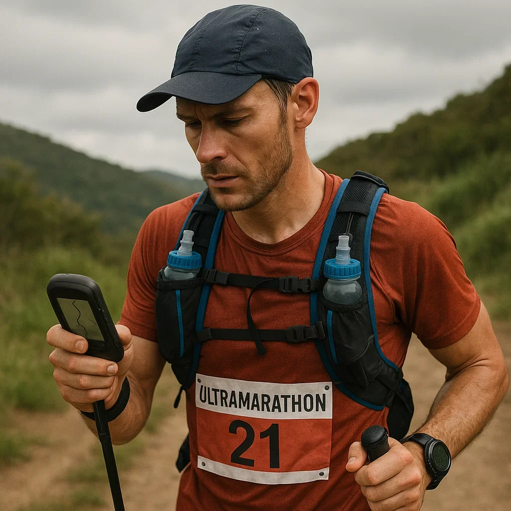 Ultramarathon runner using a GPX device for race navigation