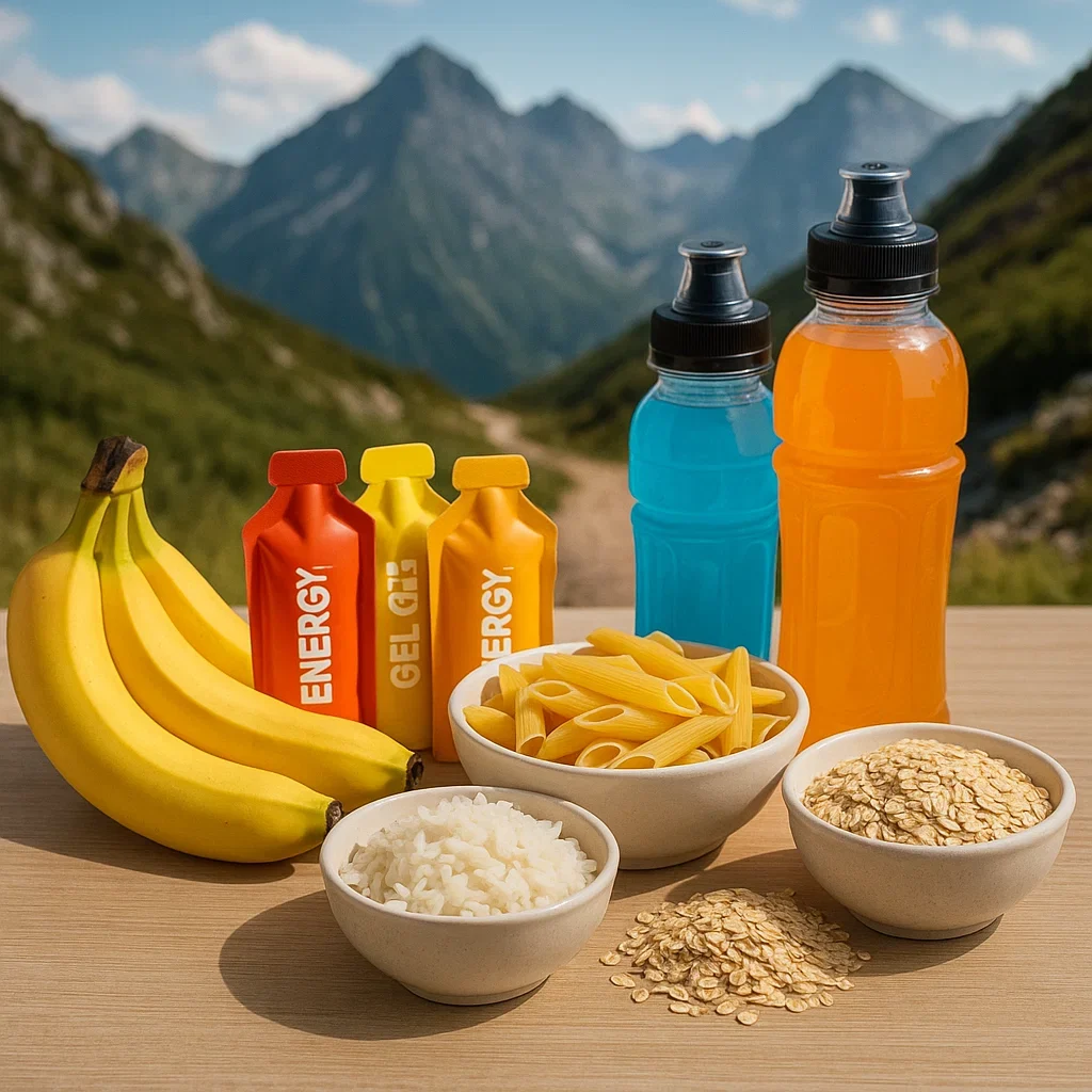High-carb foods for ultramarathon runners, including bananas, energy gels, pasta, and sports drinks.