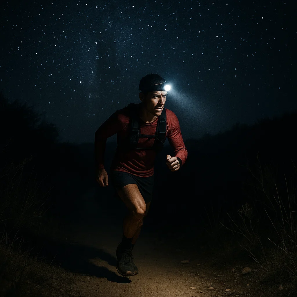Mental Toughness for Ultramarathons 🧠 5 Strategies from the Pros 3 Ultrarunner at night on trail with headlamp showing mental endurance