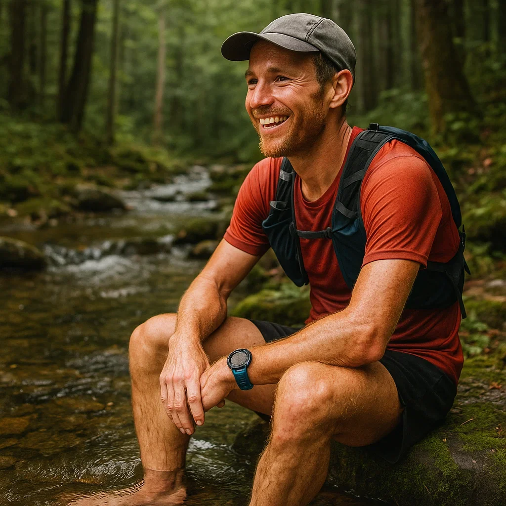 Post-Ultramarathon Recovery ๐ 7 Steps to Bounce Back After 100 Miles 3 Ultra runner cooling feet in a mountain creek