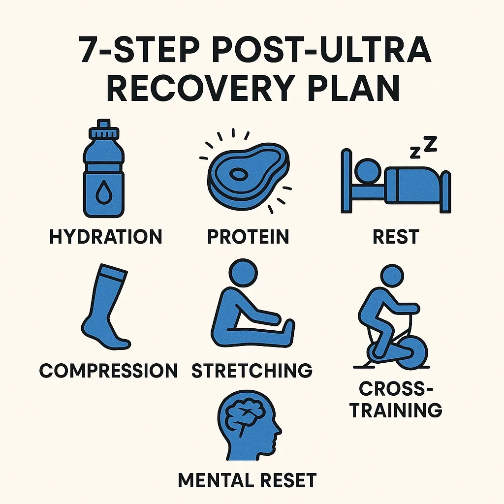 Infographic showing 7-step post-ultramarathon recovery plan