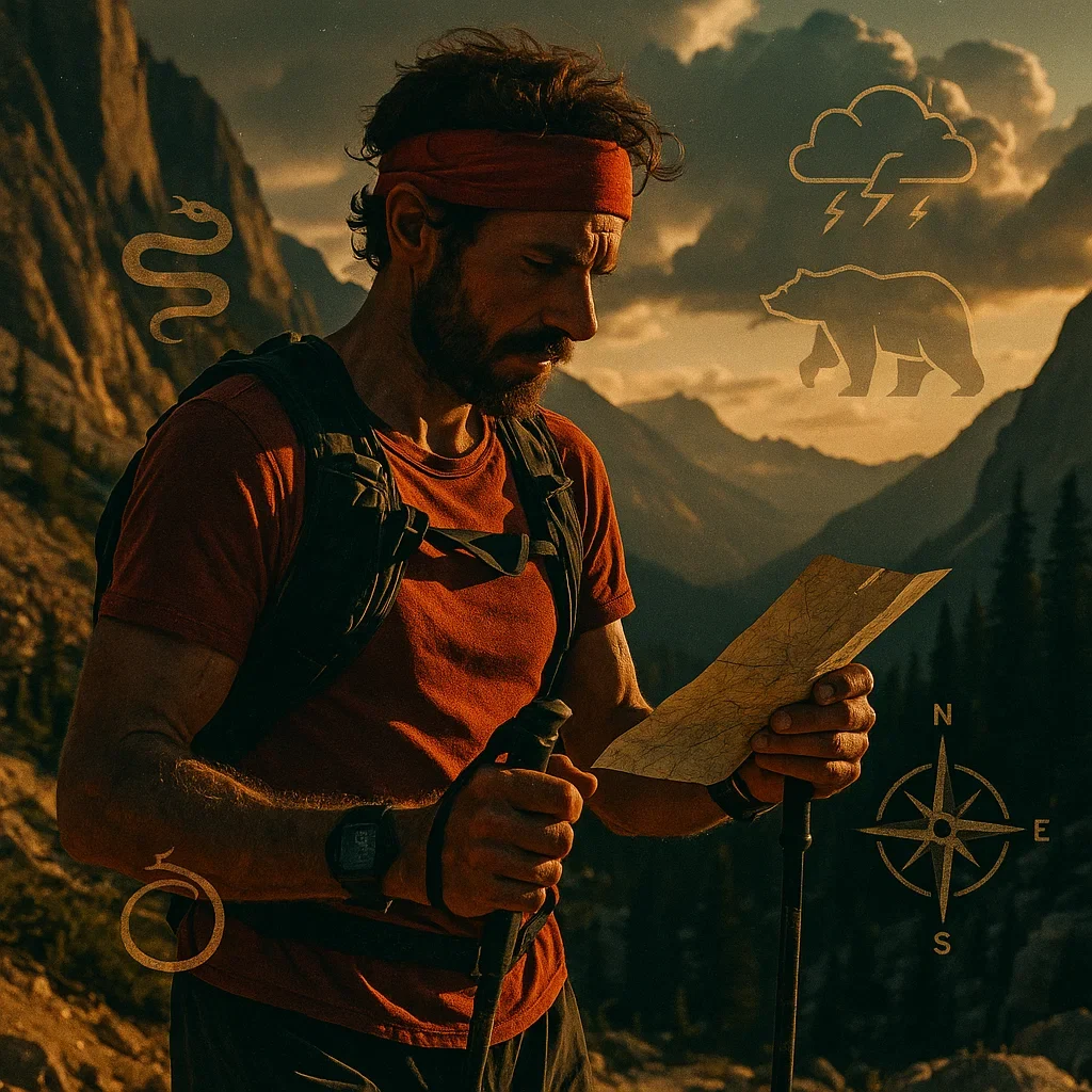 Wilderness Safety & Survival Tips for Ultramarathons and Fastpacking 4 rugged ultrarunner in a dramatic mountain wilderness checking a map with one hand while ultramarathon safety wilderness survival,trail running safety remote,wildlife safety trail runners,what to do lost during ultra run,fastpacking survival skills.