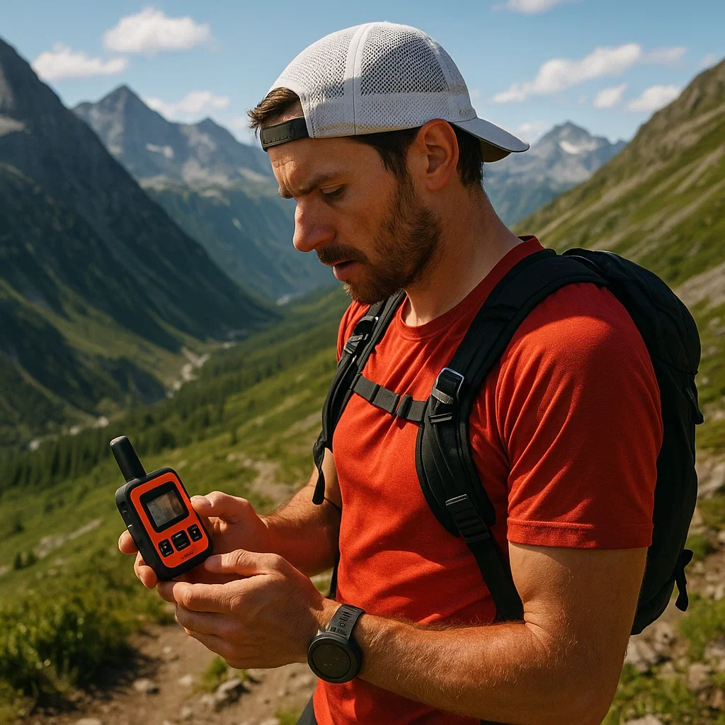 How to Stay Safe on the Trails: Best Running Safety Tools & Trackers 4 Trail runner activating SOS via satellite communicator