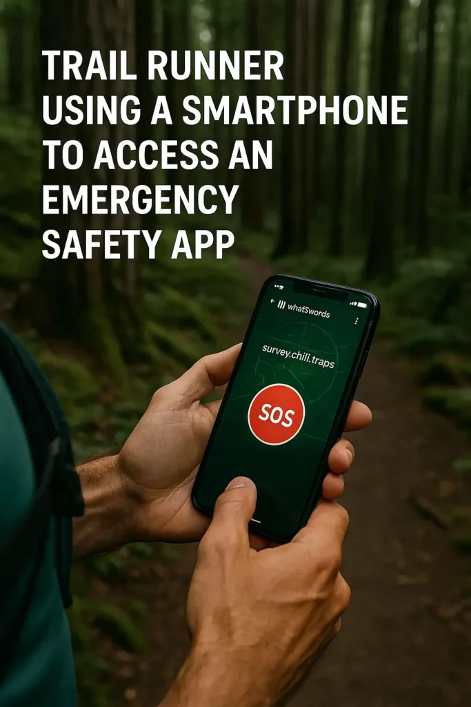 Tech-Enabled Ultra Running: Navigation & Safety Trends for 2025 3 Trail runner holding a phone with the What3Words safety app showing an SOS button in a forest.