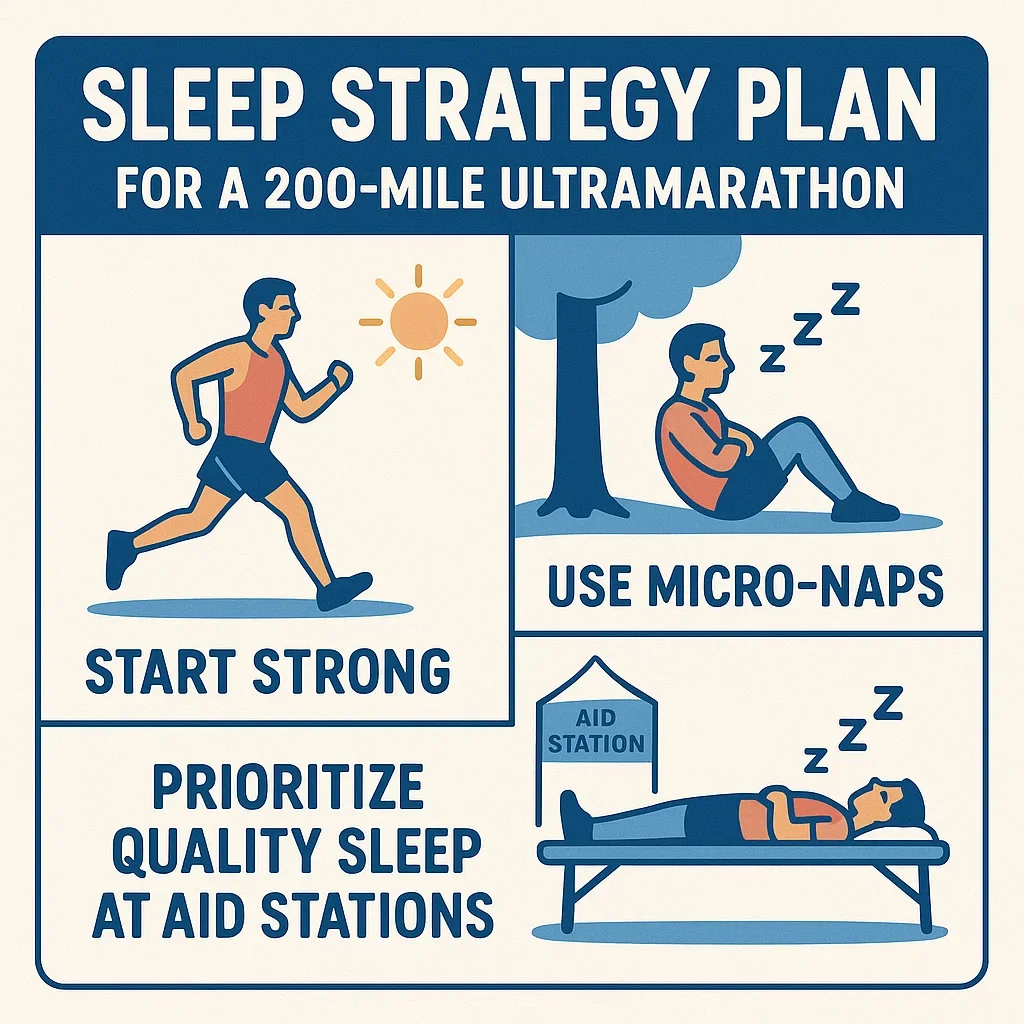 Sleep strategy plan for a 200-mile ultramarathon with tips on micro-naps and rest.