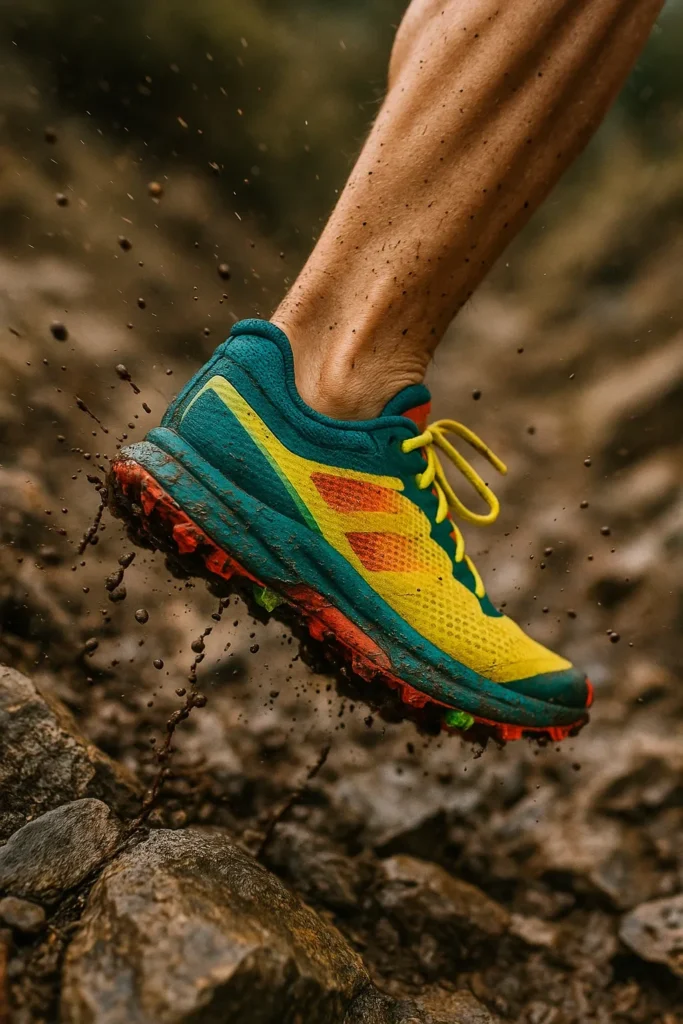Best Trail Running Shoes for Ultras in 2025 – Top 10 Long-Distance Picks 🥾 4 Close-up of a trail runner's foot landing midstride on rocky terrain – aggressive outsole and grip highlighted.