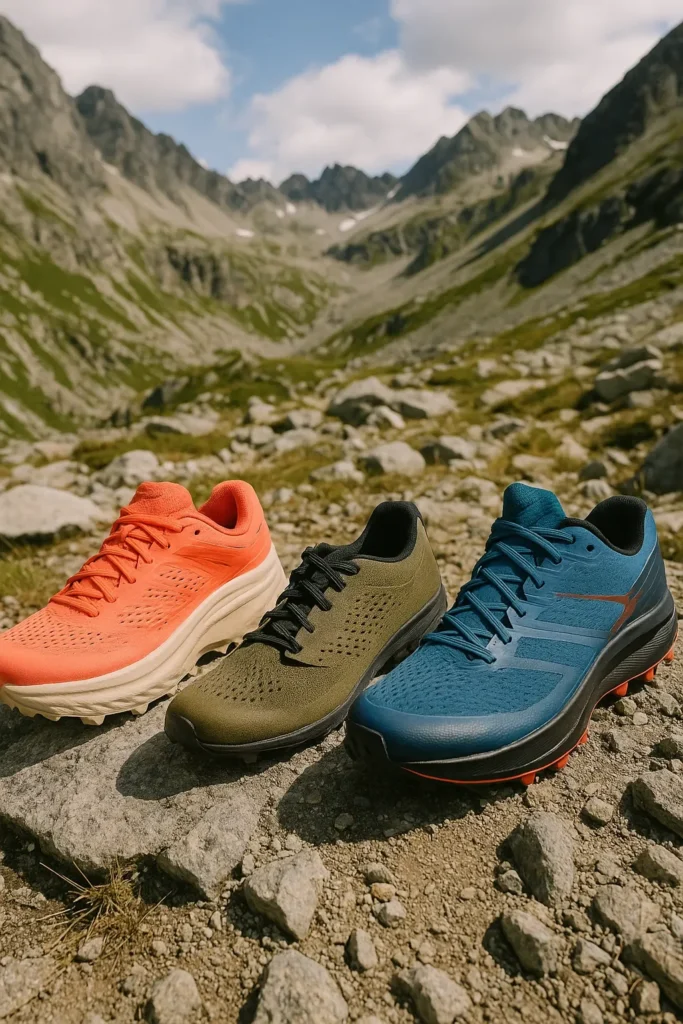 Best Trail Running Shoes for Ultras in 2025 – Top 10 Long-Distance Picks 🥾 3 Trail running shoes lineup on rocky alpine pass – best trail shoes for ultra distances 2025.