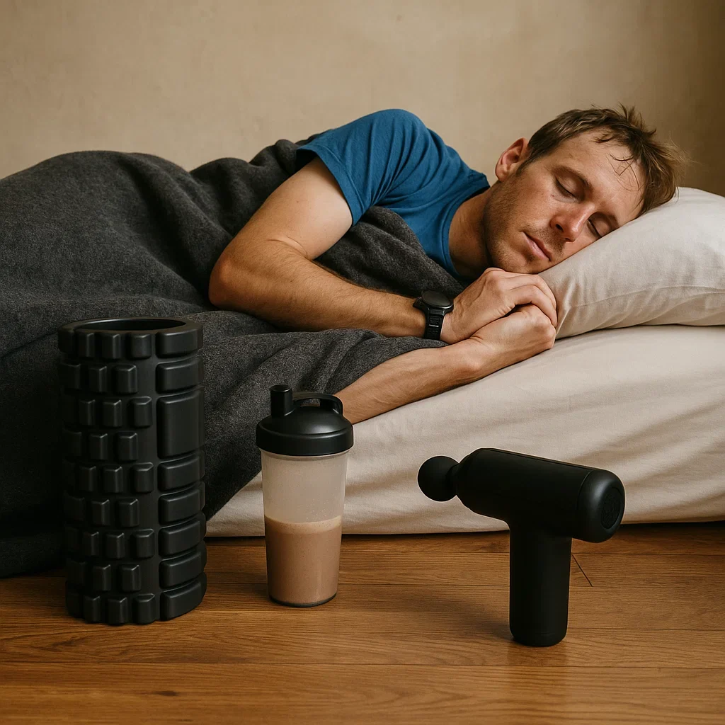 Post-Ultramarathon Recovery ๐ 7 Steps to Bounce Back After 100 Miles 5 Post-ultra recovery setup with foam roller and protein shake