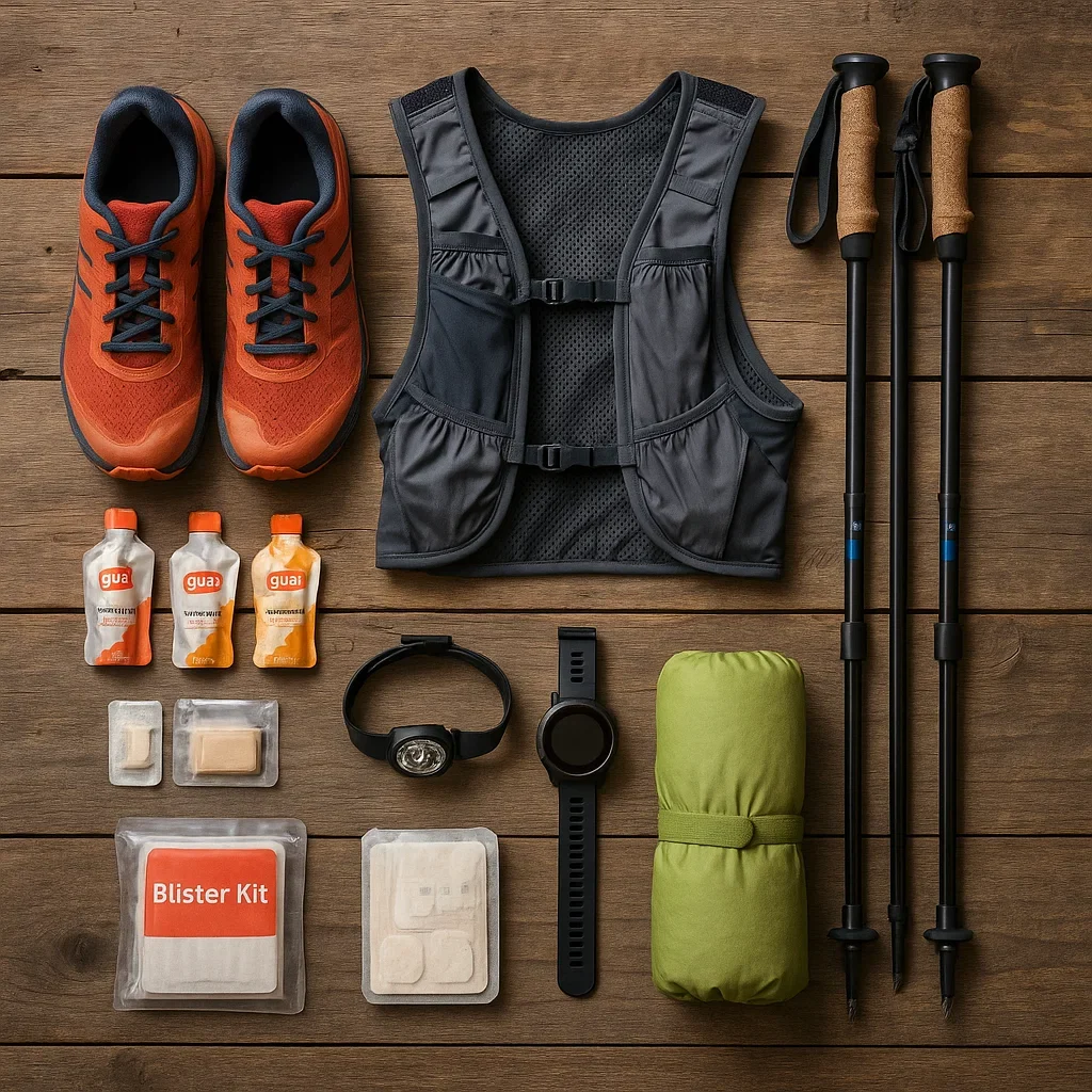 🏃♂️ 200-Mile and Multi-Day Ultramarathons: Emerging Trends in 2025 5 Essential ultramarathon gear arranged neatly, including trail shoes, hydration pack, nutrition, and safety equipment.