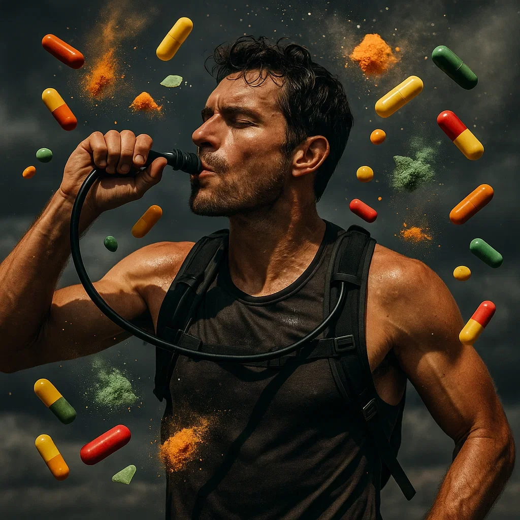 πββοΈ 2025 Ultramarathon Nutrition Strategies: Carb Loading vs Fat Adaptation 5 Runner hydrating with electrolyte capsules and drink mix for ultramarathon nutrition.