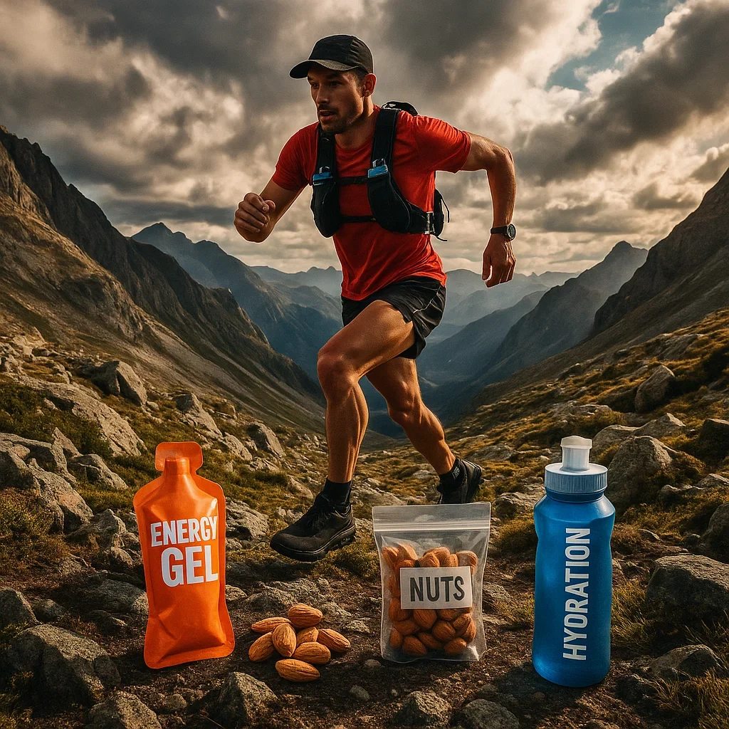 Trail runner with energy gels, nuts, and hydration pack for 2025 ultramarathon nutrition.