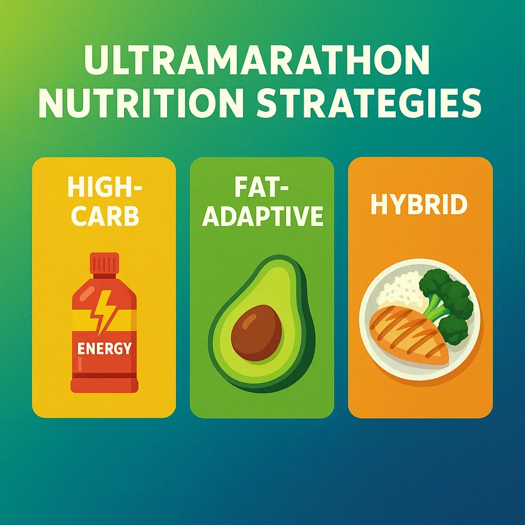 Infographic showing three ultramarathon nutrition strategies: High-Carb, Fat-Adaptive, and Hybrid.