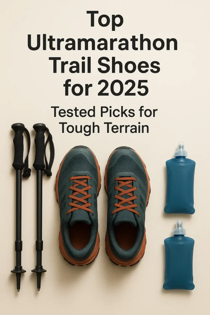 Best Trail Running Shoes for Ultras in 2025 – Top 10 Long-Distance Picks 🥾 6 Flat lay of ultramarathon gear – trail running shoes, trekking poles, and hydration soft flasks for 2025 races.