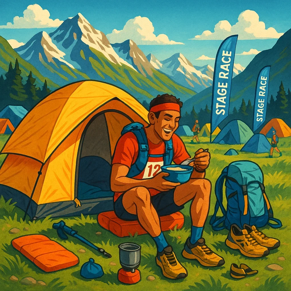 πββοΈ 2025 Ultramarathon Nutrition Strategies: Carb Loading vs Fat Adaptation 6 Runner eating a recovery meal at a stage race camp for ultramarathon nutrition.