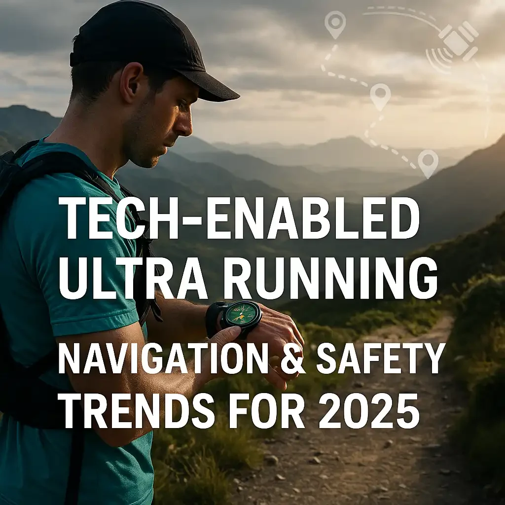 Ultramarathon runner using smartwatch for GPS navigation on a mountain trail at sunset with tech overlays.