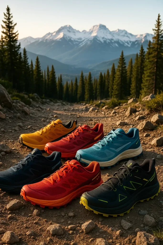 Best Trail Running Shoes for Ultras in 2025 – Top 10 Long-Distance Picks 🥾 5 Colorful trail running shoes on rocky alpine trail with mountain backdrop, ideal for ultramarathons.